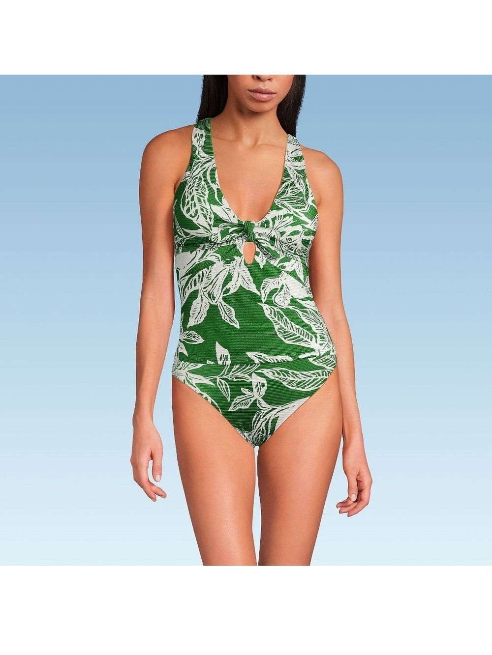 Lands' End Green & Cream Leaf Ribbed Tankini Two Piece Swimsuit - Size Medium